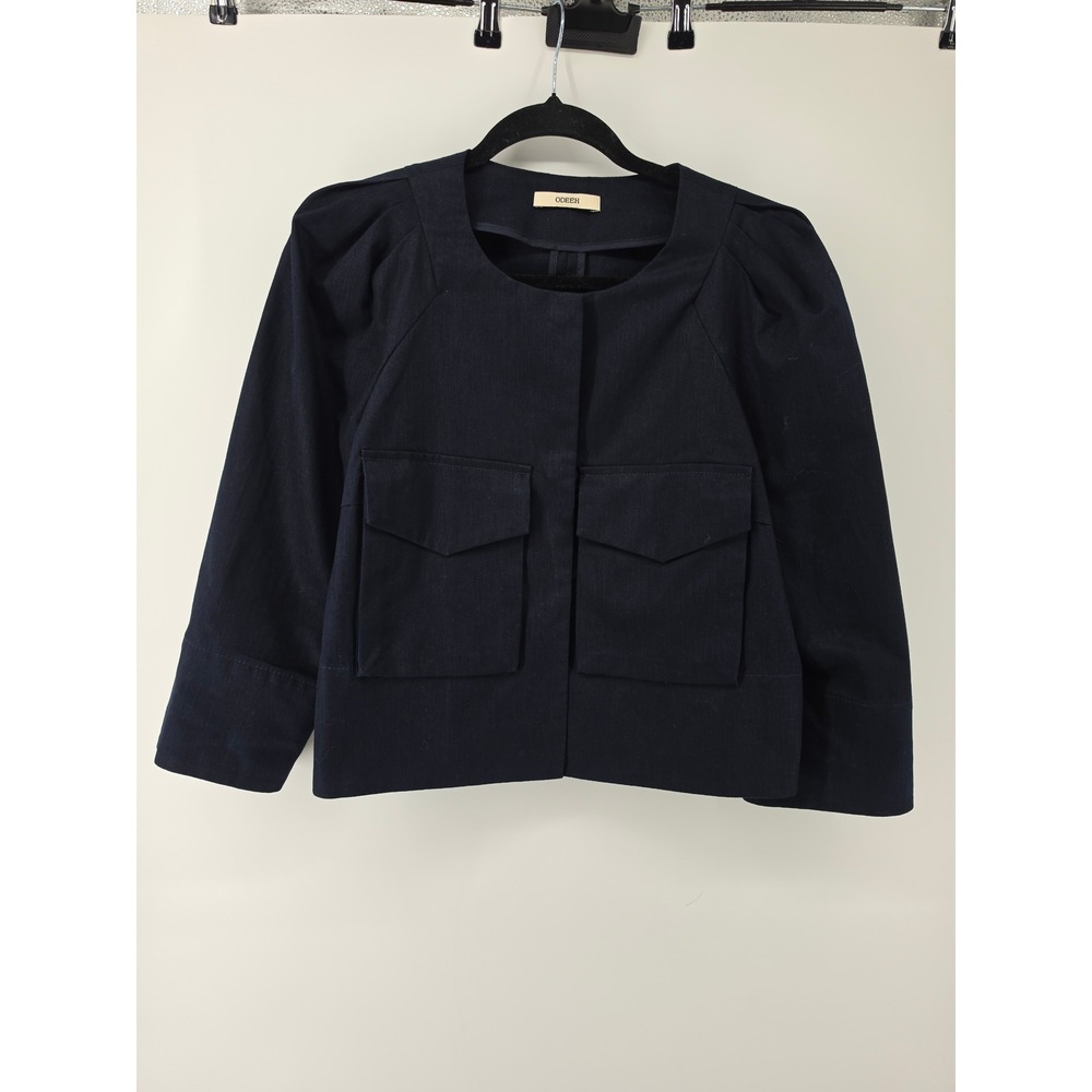 Odeeh Navy Blue Cotton Puff Shoulder Cropped Utility Jacket Size 44